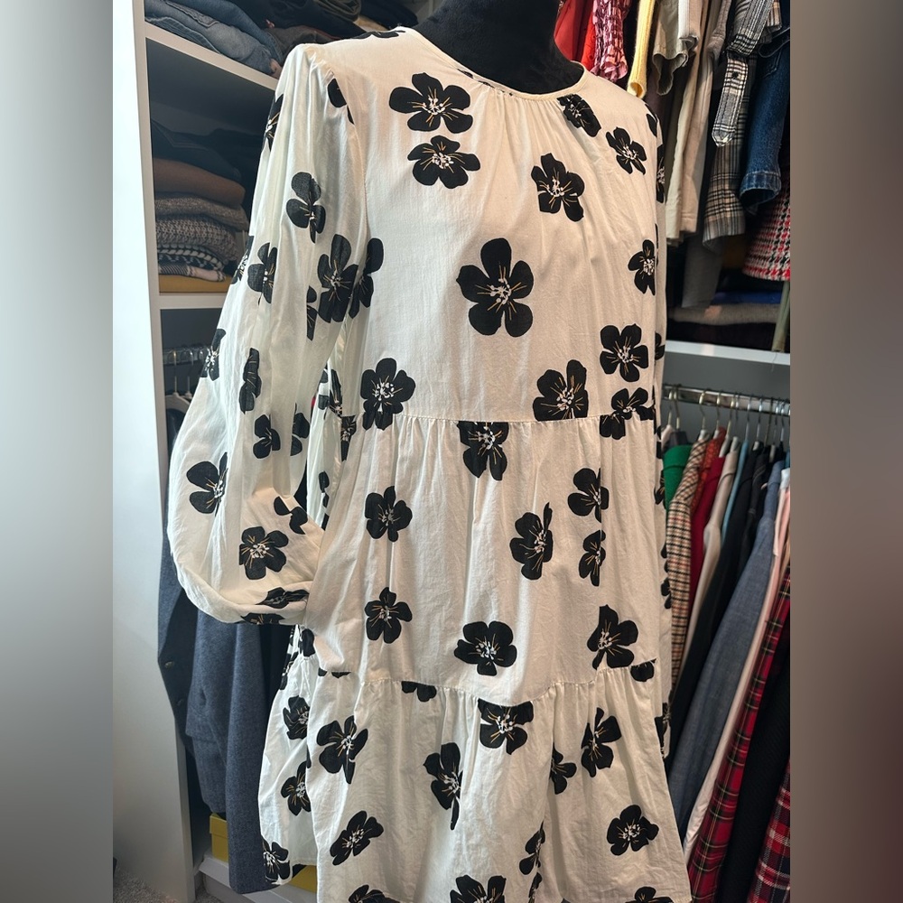 White Dress with Black Floral Print